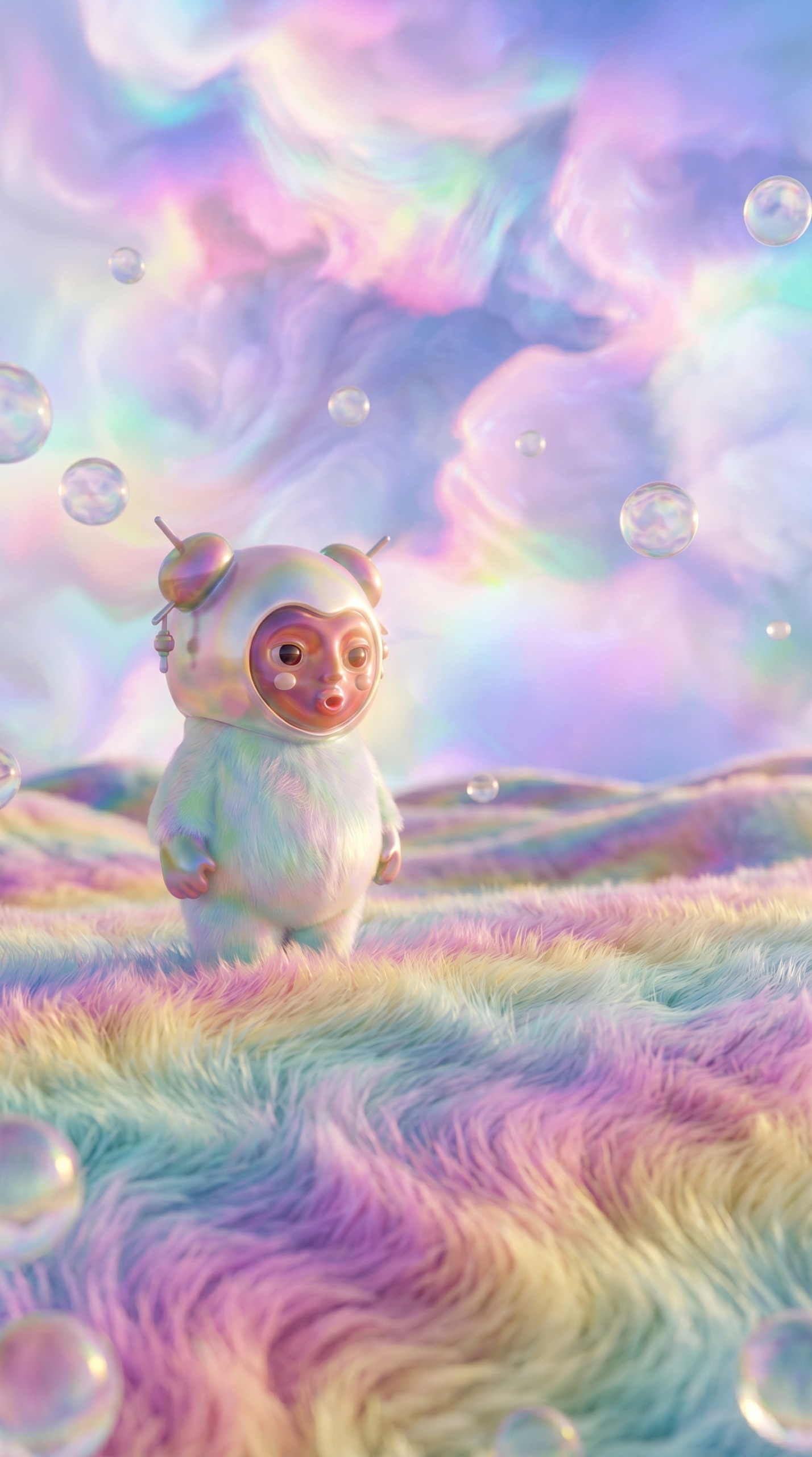 A small iridescent creature standing on a soft pastel landscape under shimmering rainbow clouds