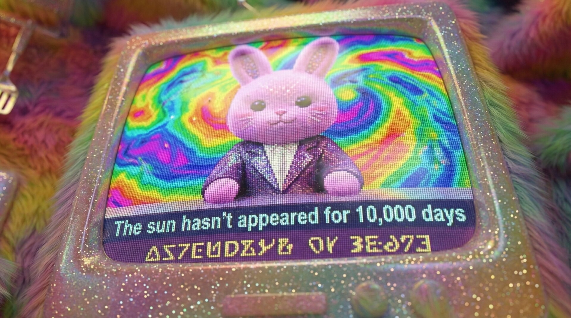 The creature standing in a pastel field beneath iridescent clouds