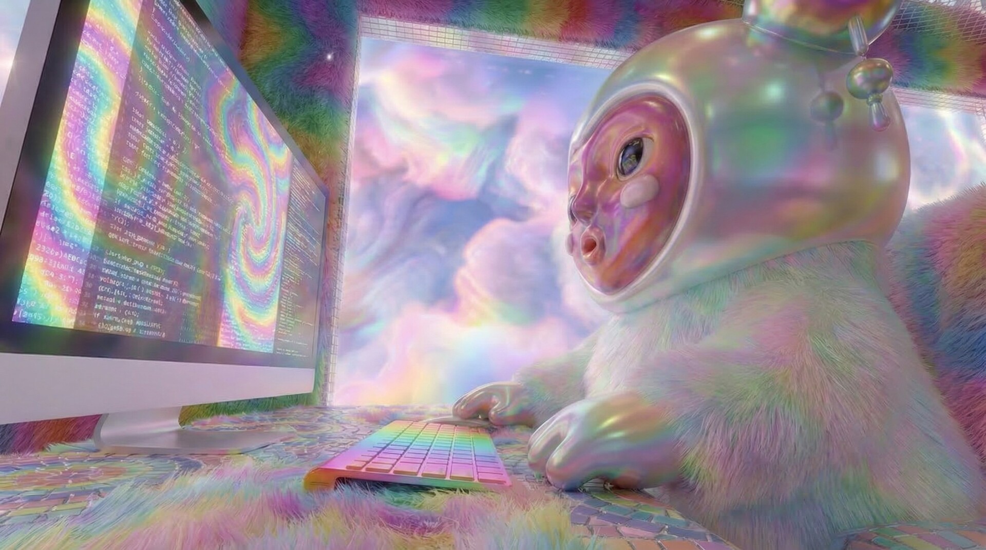 A small character at a glowing computer in a fluffy rainbow room
